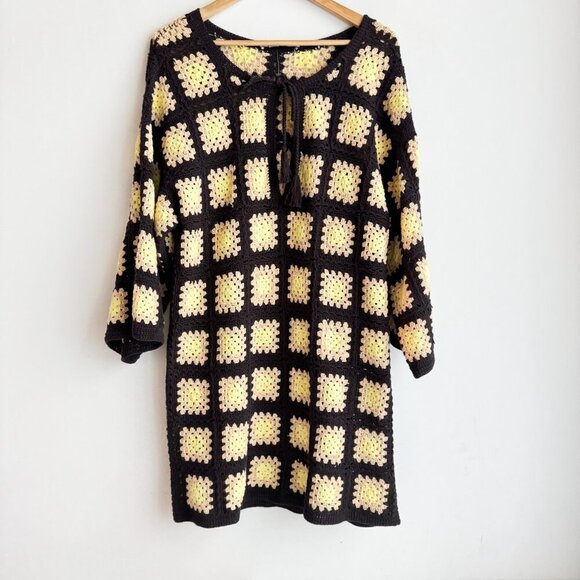 Zara Granny Squares Crochet Borwn Yellow Knee Lenght Dress M/L - Picture 2 of 7
